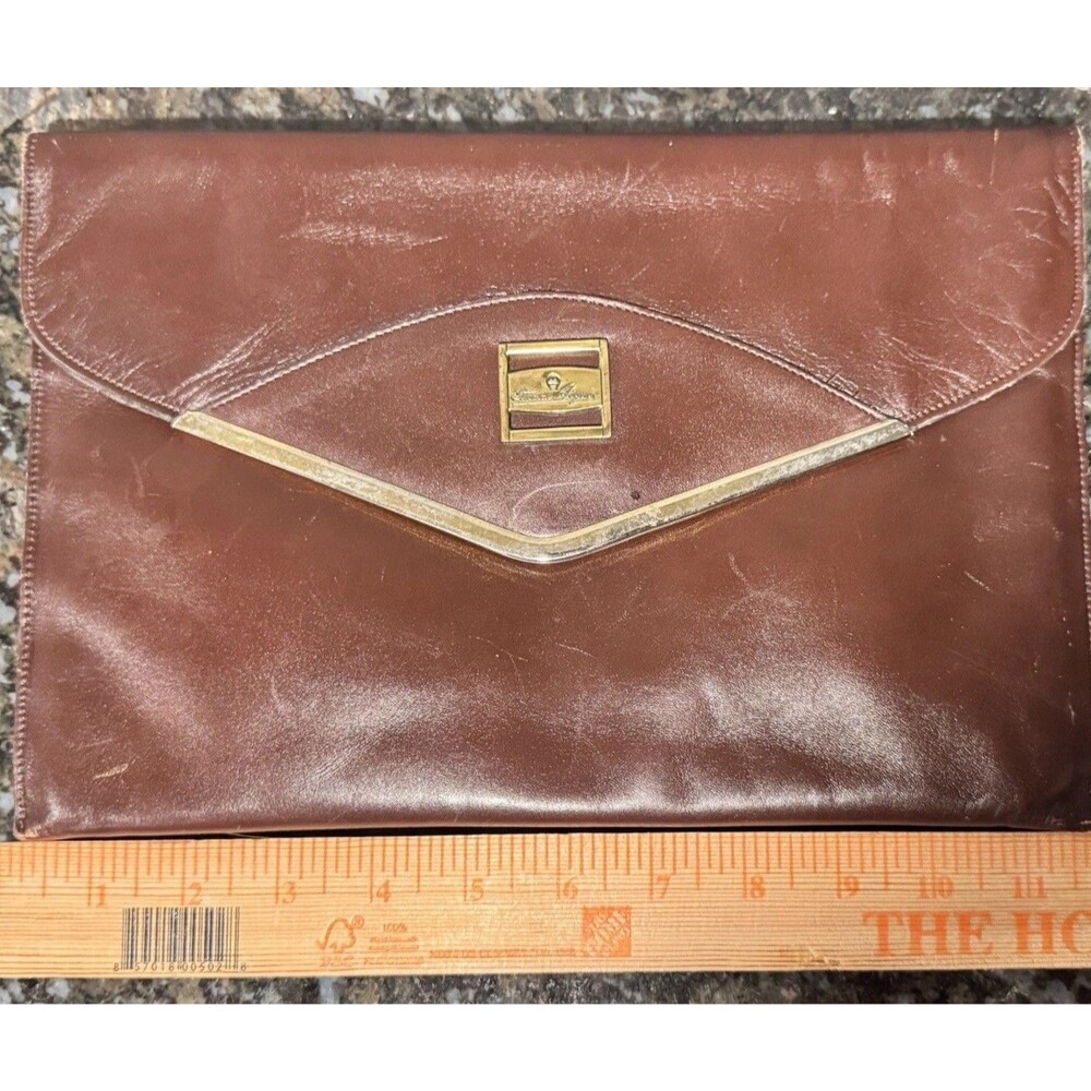 Vintage Etienne Aigner Brown Envelope Clutch Magnetic Closure Gold Logo